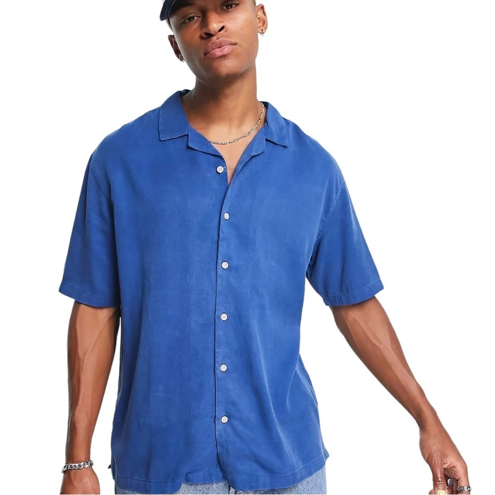 Bershka Revere Collar Shirt Men Sz XL Blue Short Sleeve Soft Button Up Shirt NWT